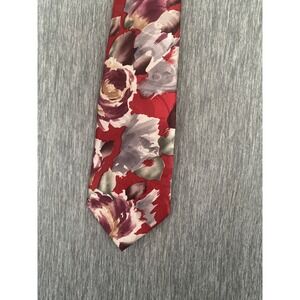 Surrey Mens Silk Feel Floral Necktie Red Purple Grey Painterly Botanical Tie